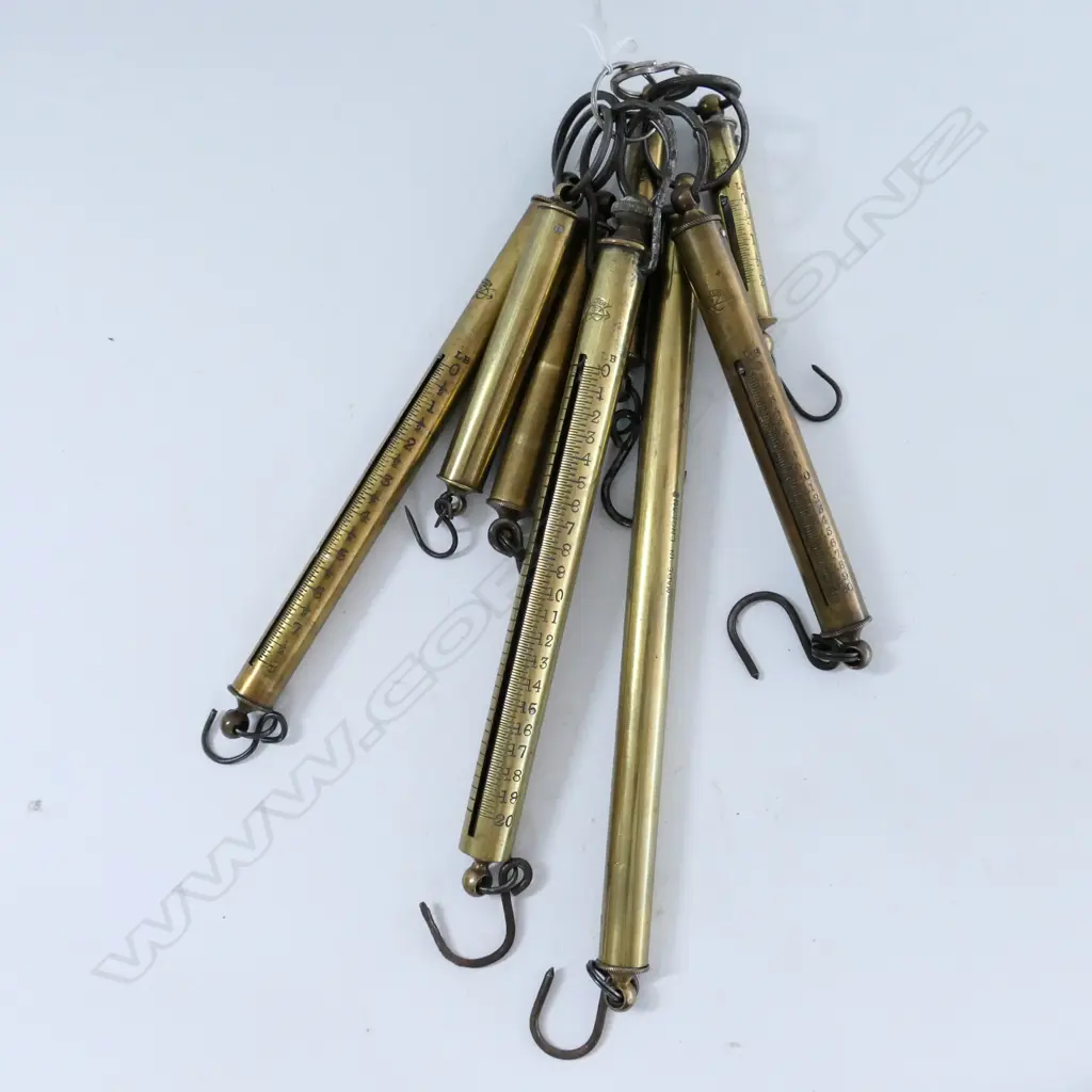 8 SALTER'S BRASS TUBE SPRING SCALES, VARIOUS SCALES INCLUDING: 0oz-3oz; 0oz-100oz; 0lb-20lb; ETC Image 1++